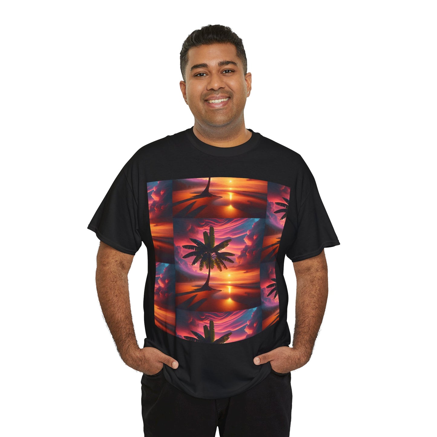 Sunset Palm Unisex Heavy Cotton Tee, Beach Vibes T-Shirt, Summer Wear, Vacation Essential, Gift for Nature Lovers