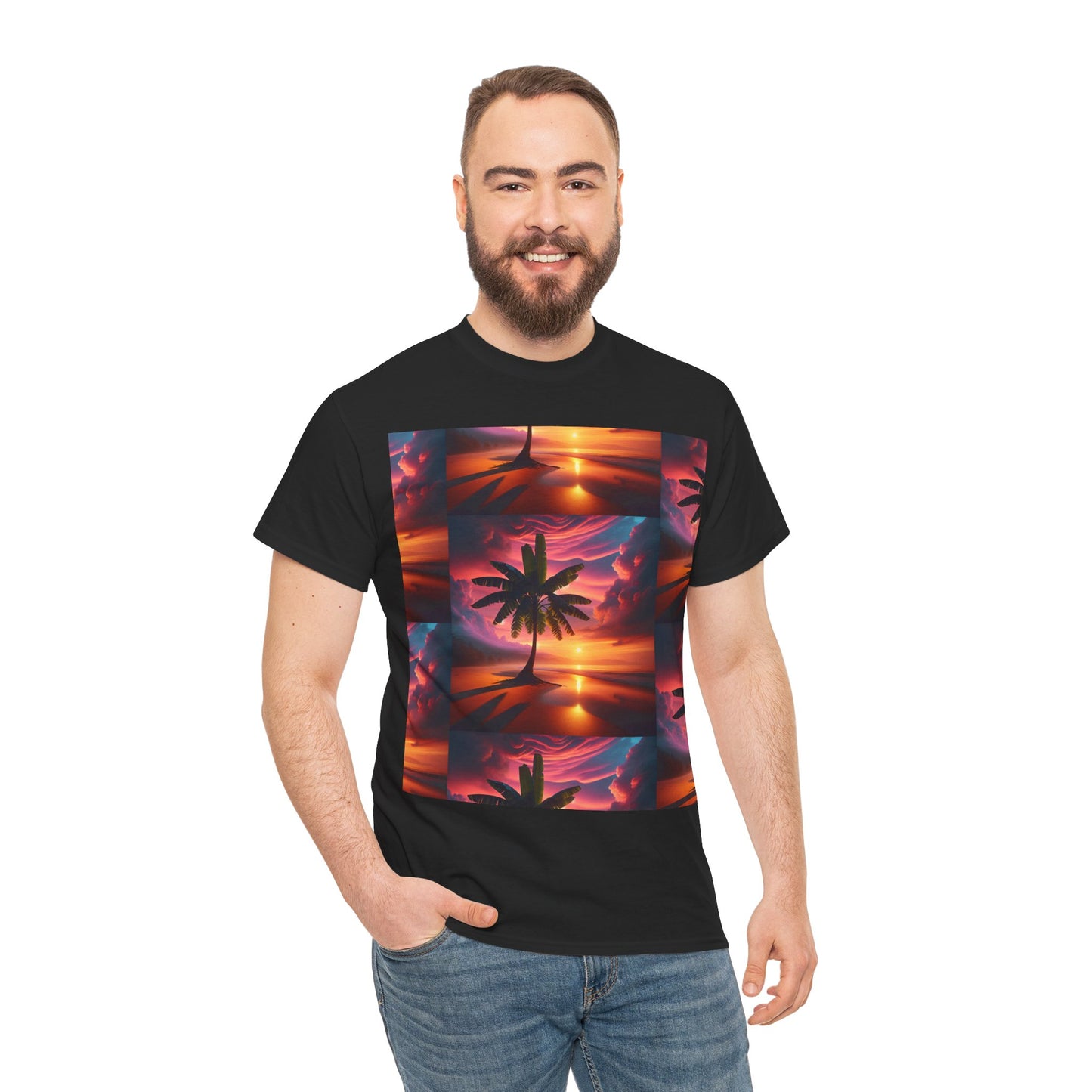 Sunset Palm Unisex Heavy Cotton Tee, Beach Vibes T-Shirt, Summer Wear, Vacation Essential, Gift for Nature Lovers
