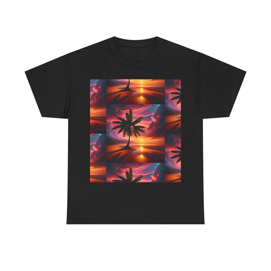 Sunset Palm Unisex Heavy Cotton Tee, Beach Vibes T-Shirt, Summer Wear, Vacation Essential, Gift for Nature Lovers