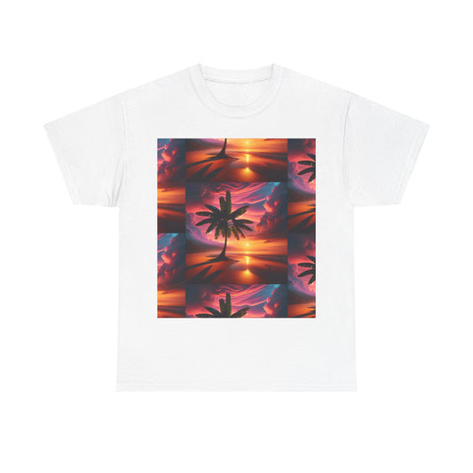 Sunset Palm Unisex Heavy Cotton Tee, Beach Vibes T-Shirt, Summer Wear, Vacation Essential, Gift for Nature Lovers