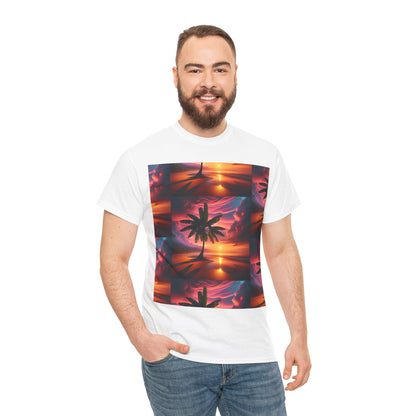 Sunset Palm Unisex Heavy Cotton Tee, Beach Vibes T-Shirt, Summer Wear, Vacation Essential, Gift for Nature Lovers