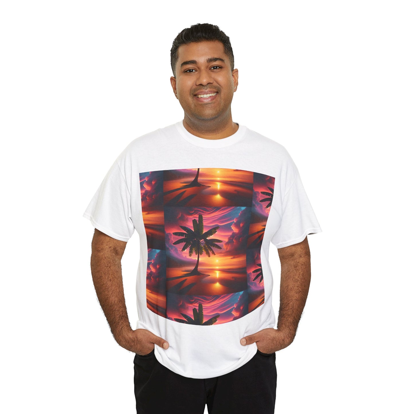 Sunset Palm Unisex Heavy Cotton Tee, Beach Vibes T-Shirt, Summer Wear, Vacation Essential, Gift for Nature Lovers