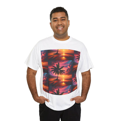 Sunset Palm Unisex Heavy Cotton Tee, Beach Vibes T-Shirt, Summer Wear, Vacation Essential, Gift for Nature Lovers