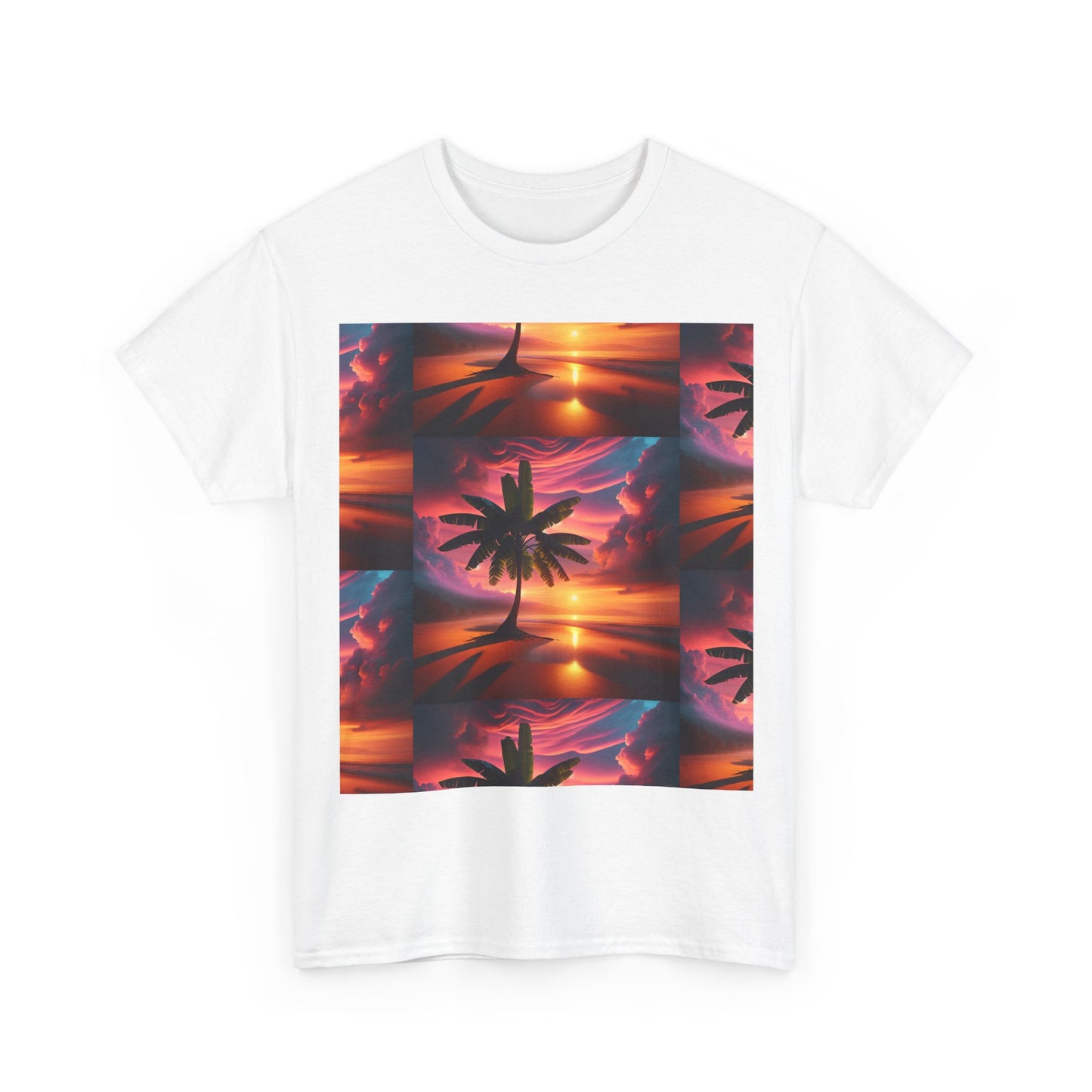 Sunset Palm Unisex Heavy Cotton Tee, Beach Vibes T-Shirt, Summer Wear, Vacation Essential, Gift for Nature Lovers