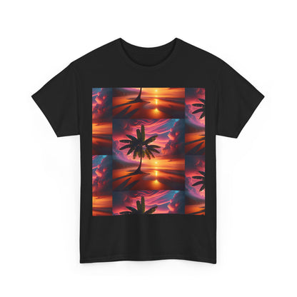 Sunset Palm Unisex Heavy Cotton Tee, Beach Vibes T-Shirt, Summer Wear, Vacation Essential, Gift for Nature Lovers