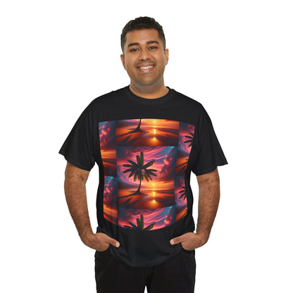 Sunset Palm Unisex Heavy Cotton Tee, Beach Vibes T-Shirt, Summer Wear, Vacation Essential, Gift for Nature Lovers